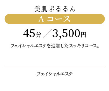 
                  美白ぷるるん Aコース 45分/3,500円
                  フェイシャルエステを追加したスッキリコース。